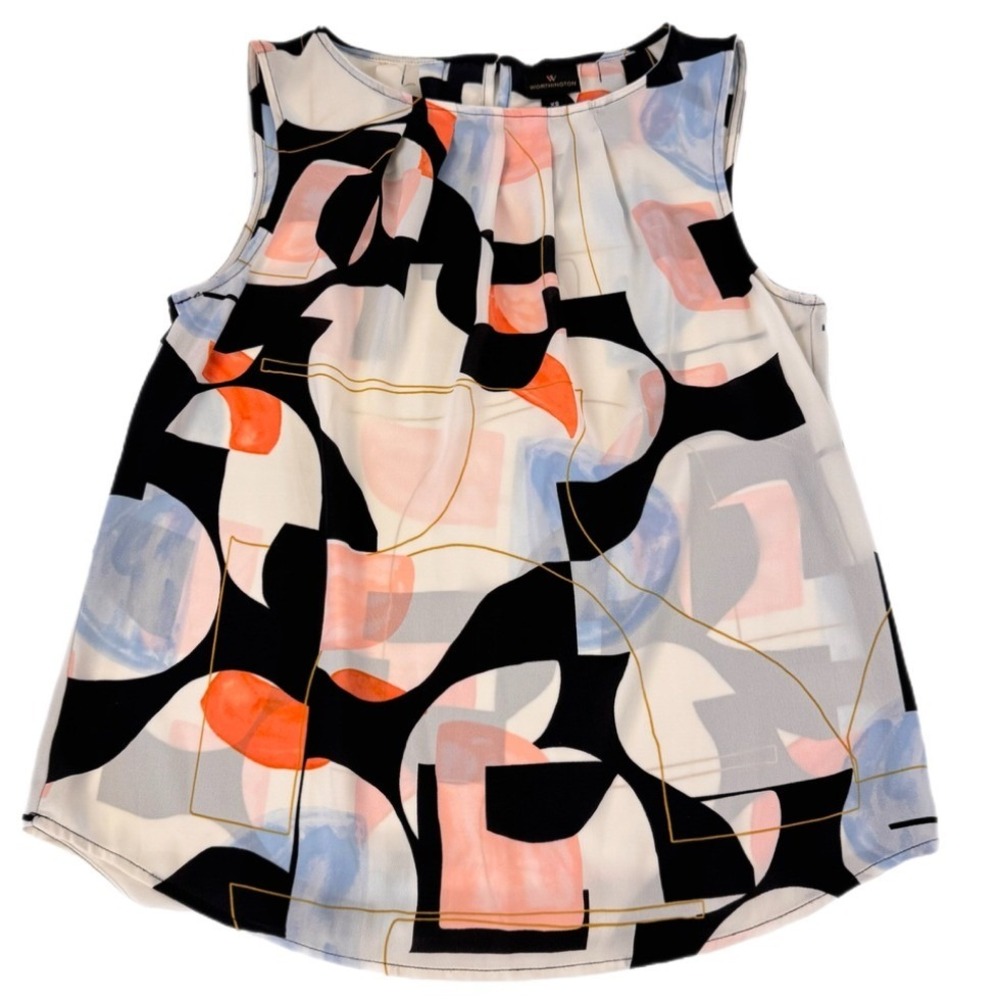 Worthington Blouse Women XS Multicolor Abstract Geometric Sleeveless Pleated Top - Picture 7 of 13